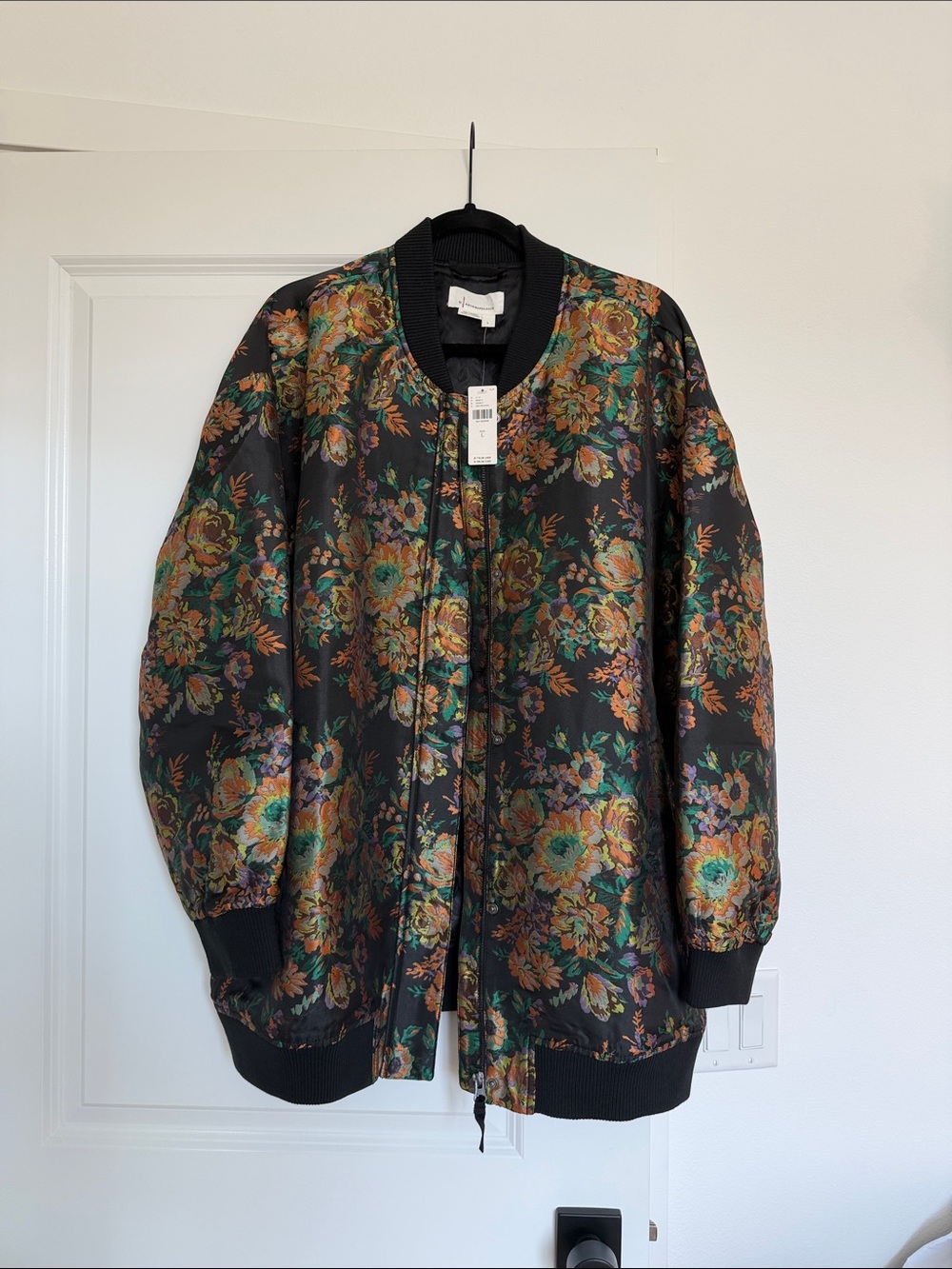 Anthropologie Black Bomber Jacket with Multicolor Floral Print